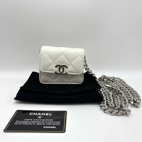 CHANEL mini白色金扣菱格紋荔枝牛肩背斜背包10*10*4 98新配件塵袋