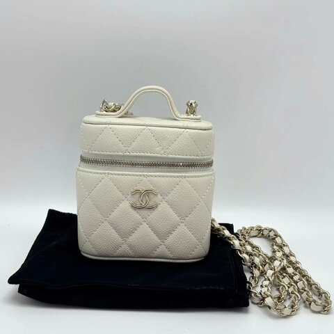 CHANEL mini白色金扣菱格紋荔枝牛肩背斜背包10*10*4 98新配件塵袋