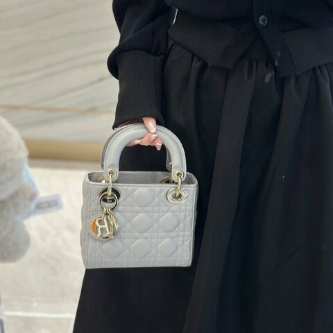 Dior 三格mini珠光灰金扣羊皮黛妃包 17*7*15 98新配件塵袋盒子82800