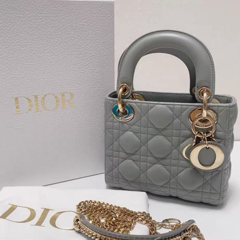 Dior 三格mini珠光灰金扣羊皮黛妃包 17*7*15 98新配件塵袋盒子82800-1