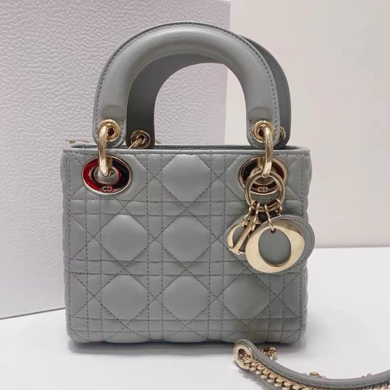Dior 三格mini珠光灰金扣羊皮黛妃包 17*7*15 98新配件塵袋盒子82800-2