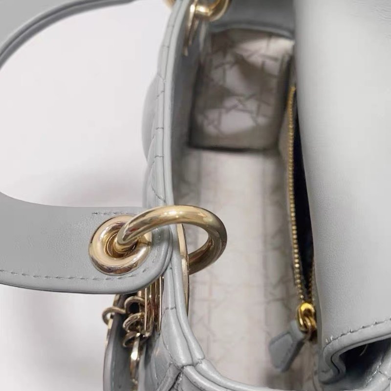 Dior 三格mini珠光灰金扣羊皮黛妃包 17*7*15 98新配件塵袋盒子82800-3