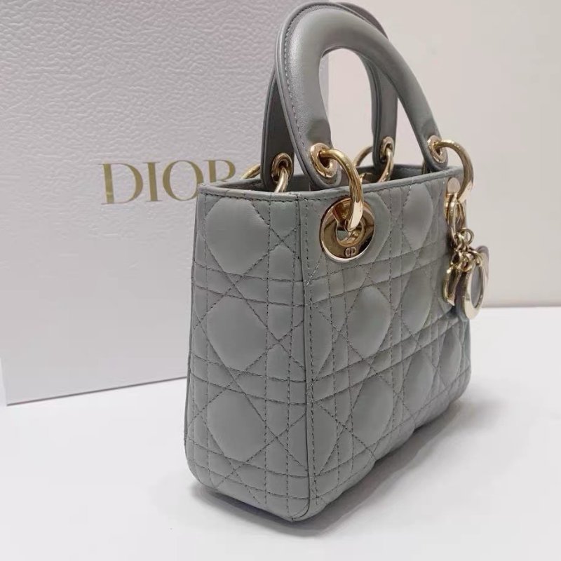 Dior 三格mini珠光灰金扣羊皮黛妃包 17*7*15 98新配件塵袋盒子82800-4