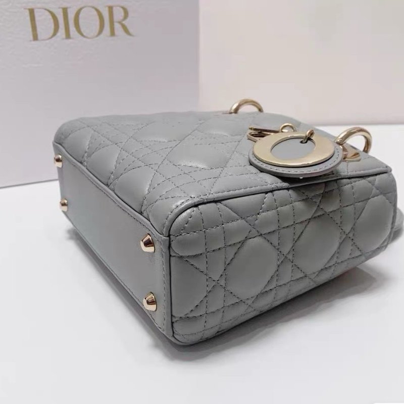 Dior 三格mini珠光灰金扣羊皮黛妃包 17*7*15 98新配件塵袋盒子82800-5