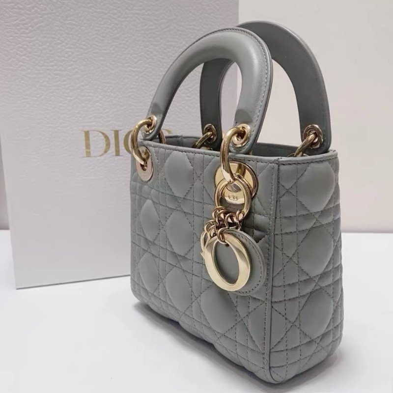 Dior 三格mini珠光灰金扣羊皮黛妃包 17*7*15 98新配件塵袋盒子82800-8