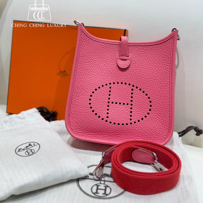 🌈Hermes💗Mini Evelyne💗唇膏粉銀扣🌟99.5新🌟全套有單🌟Stamp W🌟TC皮🌟-0