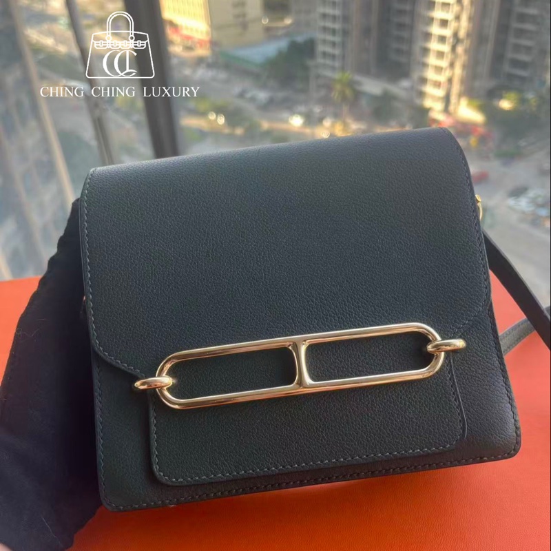 🌈Hermes💚Mini Roulis 19💚英國綠金扣🌈98新🌟Evercolor皮🌟-0