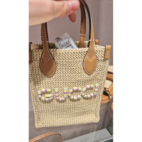 GUCCI 迷你方包黏膠藤編木質手提包米金色