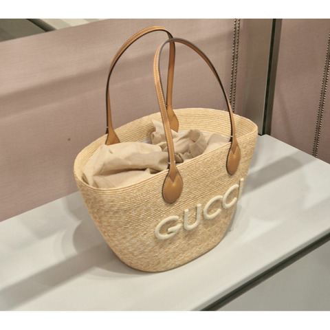 GUCCI 藤編夏季肩背包購物袋手提包籃包金色棕色米色 A01234