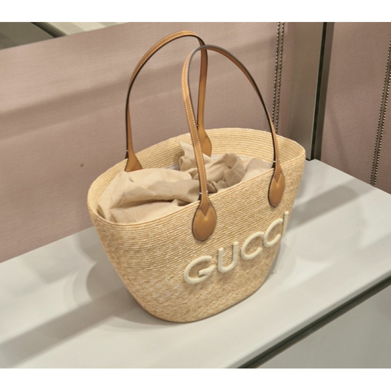 GUCCI 藤編夏季肩背包購物袋手提包籃包金色棕色米色 A01234-0
