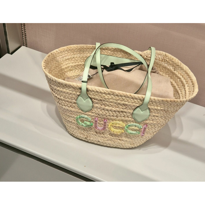 GUCCI 藤編夏季肩背包手提包 綠色 米色-0