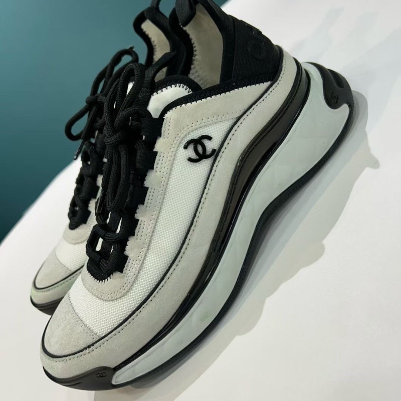 97新Chanel 香奈兒 37.5碼黑白熊貓 運動鞋  皮革 絨面系帶徽標-4