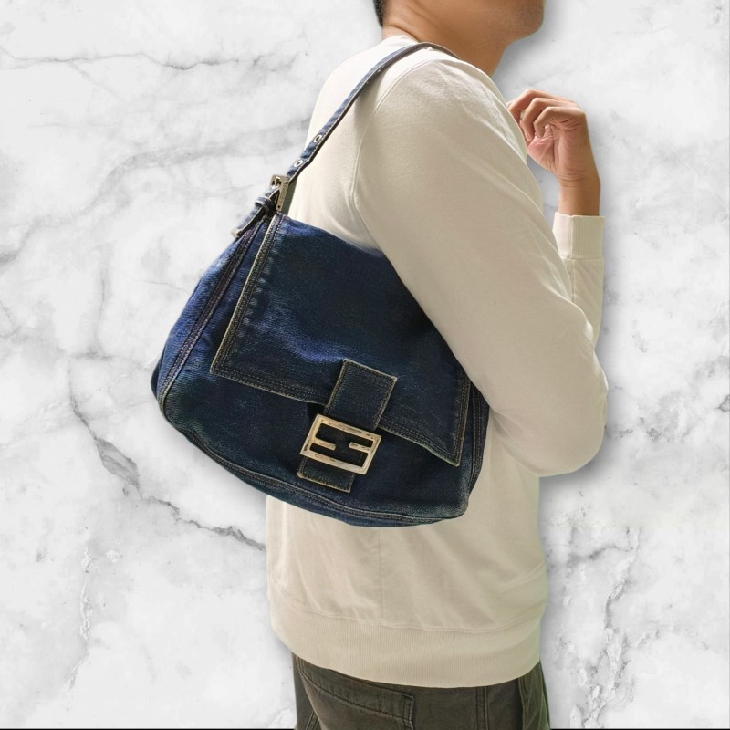 🔥年終狂降🔥【限時降價只到12/31（原22,800）】【8成新】㊣✨ FENDI✨芬迪 藍色 牛仔 掀蓋式 釘釦 法棍包 牛仔包 腋下包 肩背包/二手包/二手精品/保證正品🌳二手樹屋🌳-41