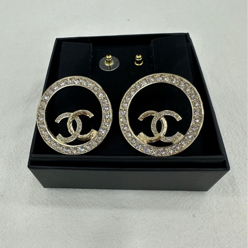 Chanel圓形滿水鑽雙C大logo 大耳環/耳環～-4