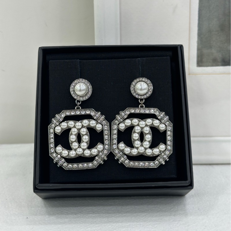 Chanel香奈兒耳環-21秋冬高級手工坊珍珠耳環方框雙Clogo復古槍色-0