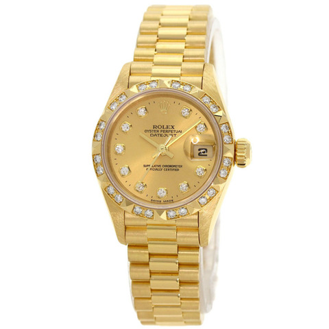 Rolex 69258G Datejust 錶圈鑲嵌 10 顆鑽石，18K 黃金/18KYG/鑽石女士腕錶