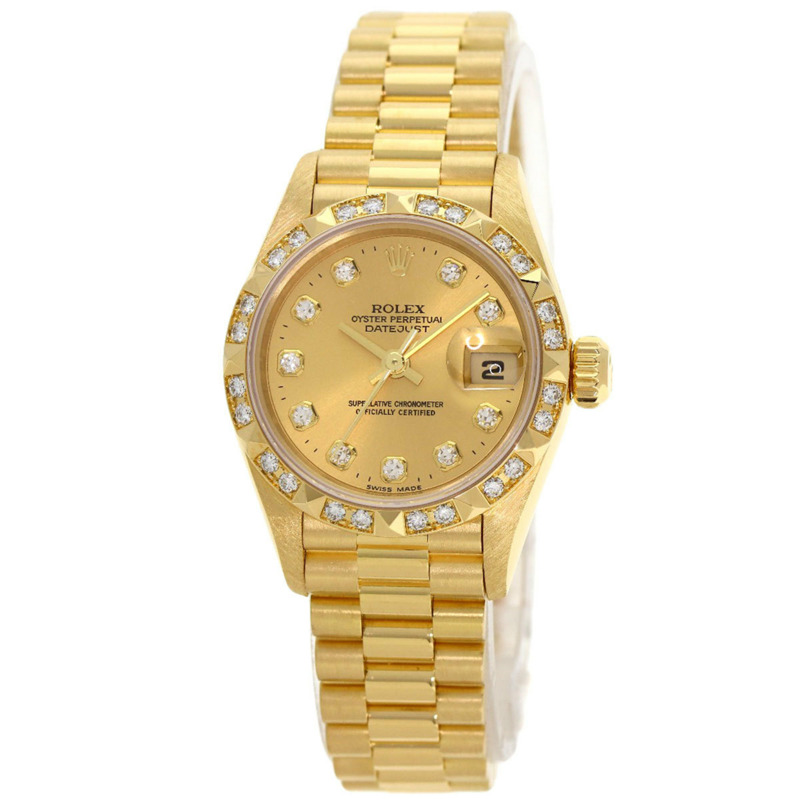 Rolex 69258G Datejust 錶圈鑲嵌 10 顆鑽石，18K 黃金/18KYG/鑽石女士腕錶-0