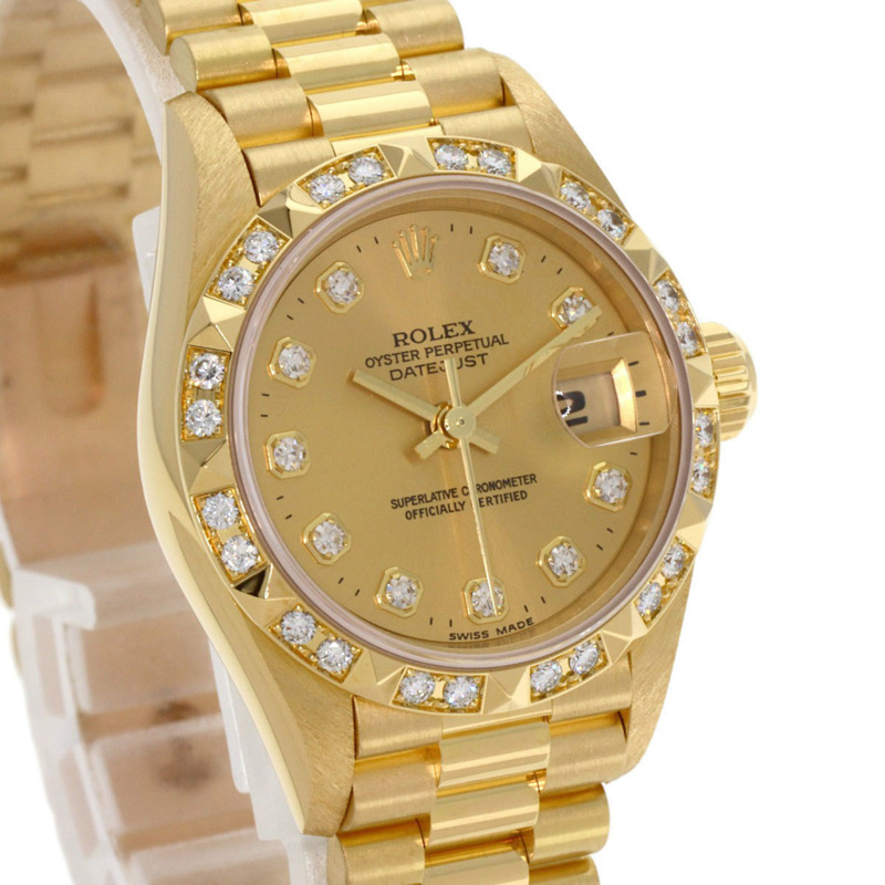Rolex 69258G Datejust 錶圈鑲嵌 10 顆鑽石，18K 黃金/18KYG/鑽石女士腕錶-3
