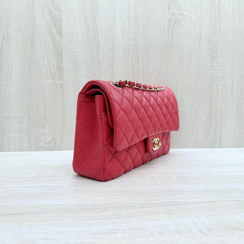 CHANE紅色荔枝牛皮金釦coco25 A01112-3