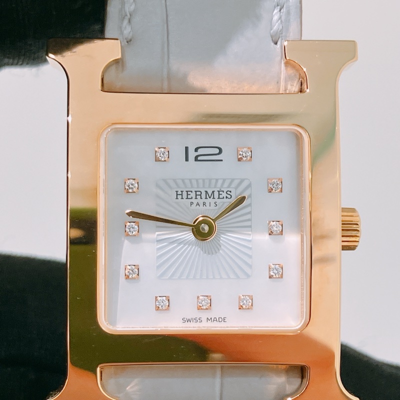 TK1905 HERMES 愛馬仕小號經典H字貝母面連鑽石鱷魚皮帶石英錶HEURE H 21MM WATCH 11 DIAMONDS 0.027CT ALLIGATOR GRIS PERLE X RGHW-3