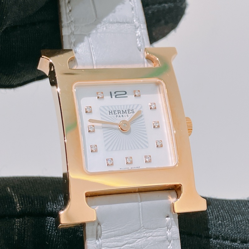 TK1905 HERMES 愛馬仕小號經典H字貝母面連鑽石鱷魚皮帶石英錶HEURE H 21MM WATCH 11 DIAMONDS 0.027CT ALLIGATOR GRIS PERLE X RGHW-25