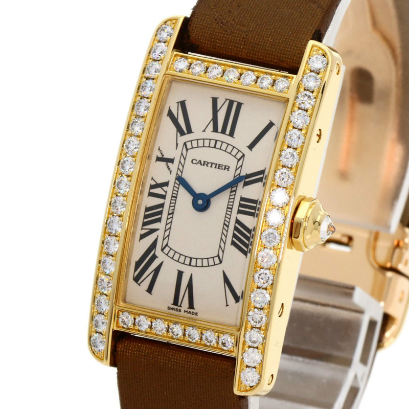 卡地亞 Tank Américaine SM 女士腕錶 WB707231，18K黃金錶殼，緞面皮革錶帶，鑲嵌鑽石-2