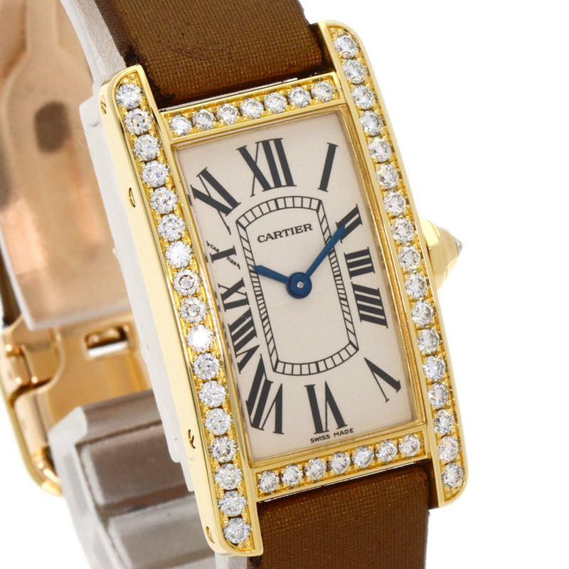 卡地亞 Tank Américaine SM 女士腕錶 WB707231，18K黃金錶殼，緞面皮革錶帶，鑲嵌鑽石-3