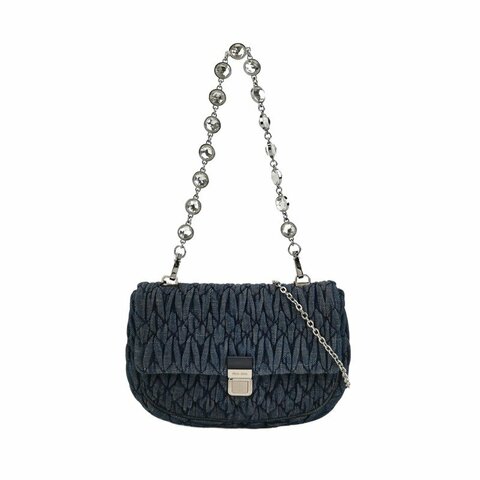 Miu Miu牛仔布純色褶皺珩縫鑽飾斜挎包單肩包