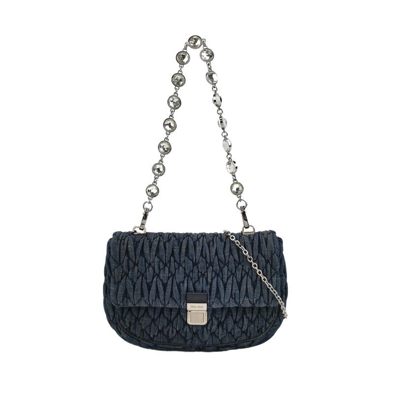 Miu Miu牛仔布純色褶皺珩縫鑽飾斜挎包單肩包-0