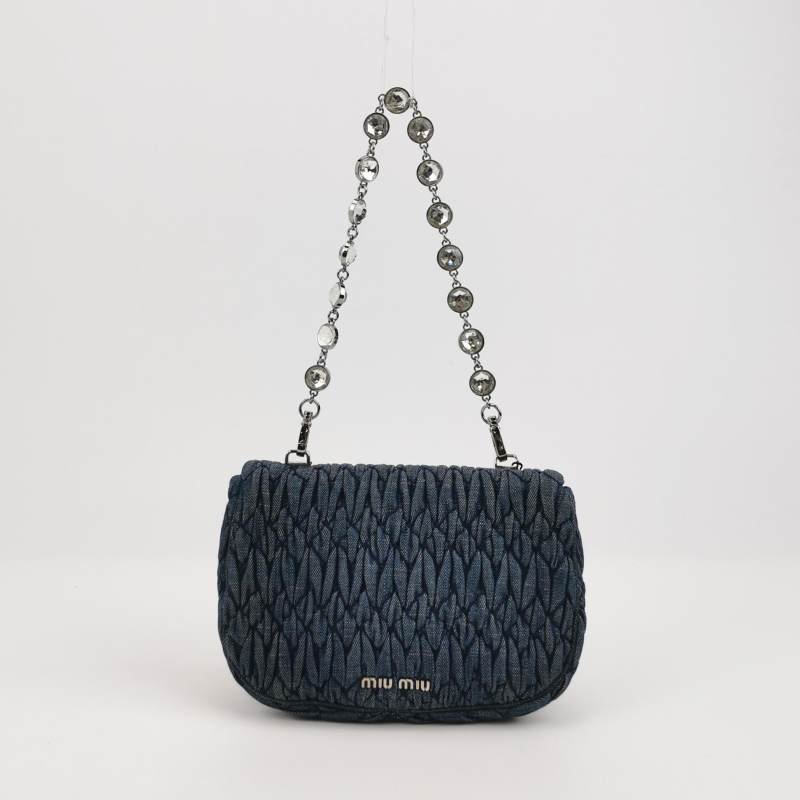 Miu Miu牛仔布純色褶皺珩縫鑽飾斜挎包單肩包-1