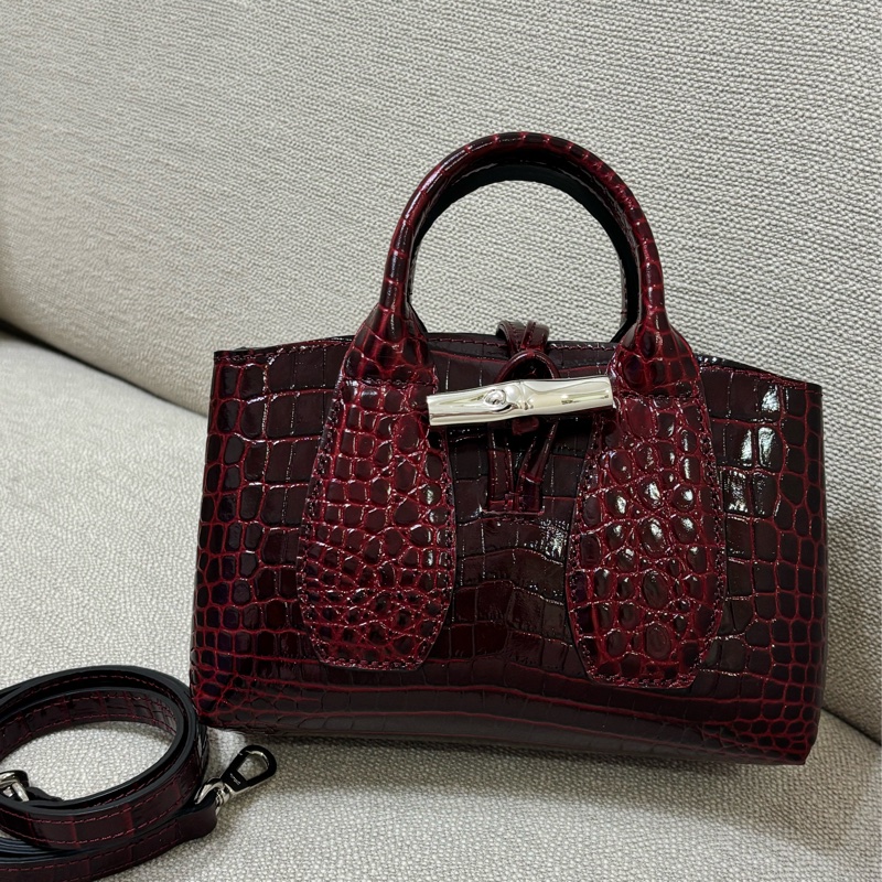 LONGCHAMP ROSEAU系列竹節鱷魚紋小牛皮手提/斜背兩用包 酒紅色-0
