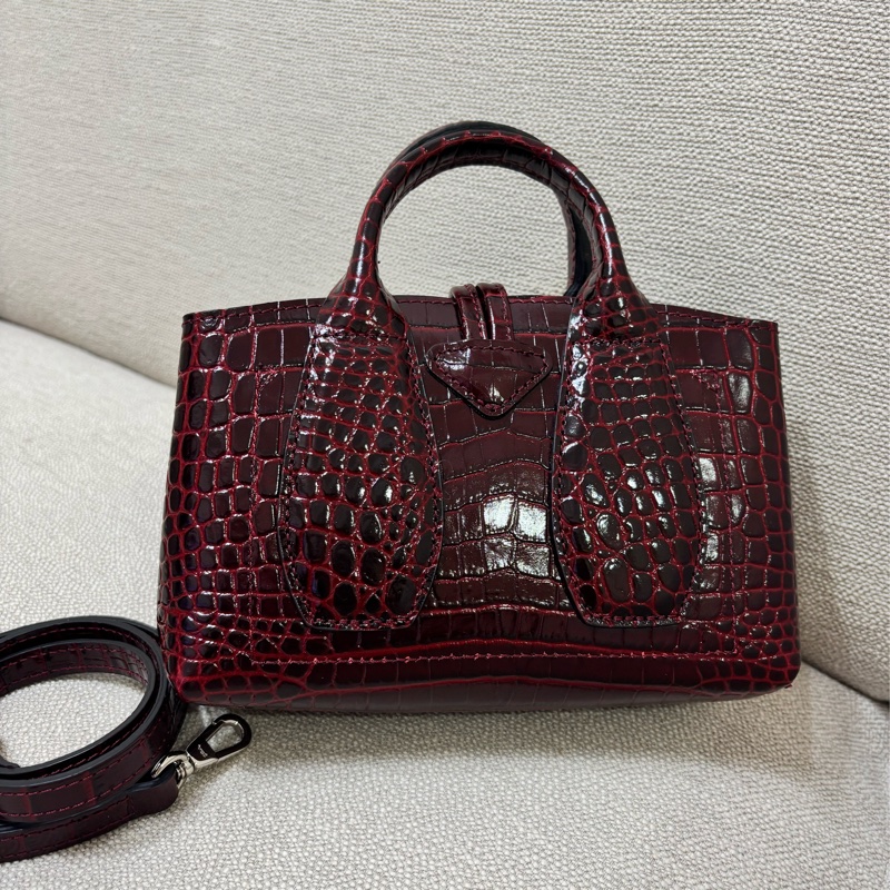 LONGCHAMP ROSEAU系列竹節鱷魚紋小牛皮手提/斜背兩用包 酒紅色-2
