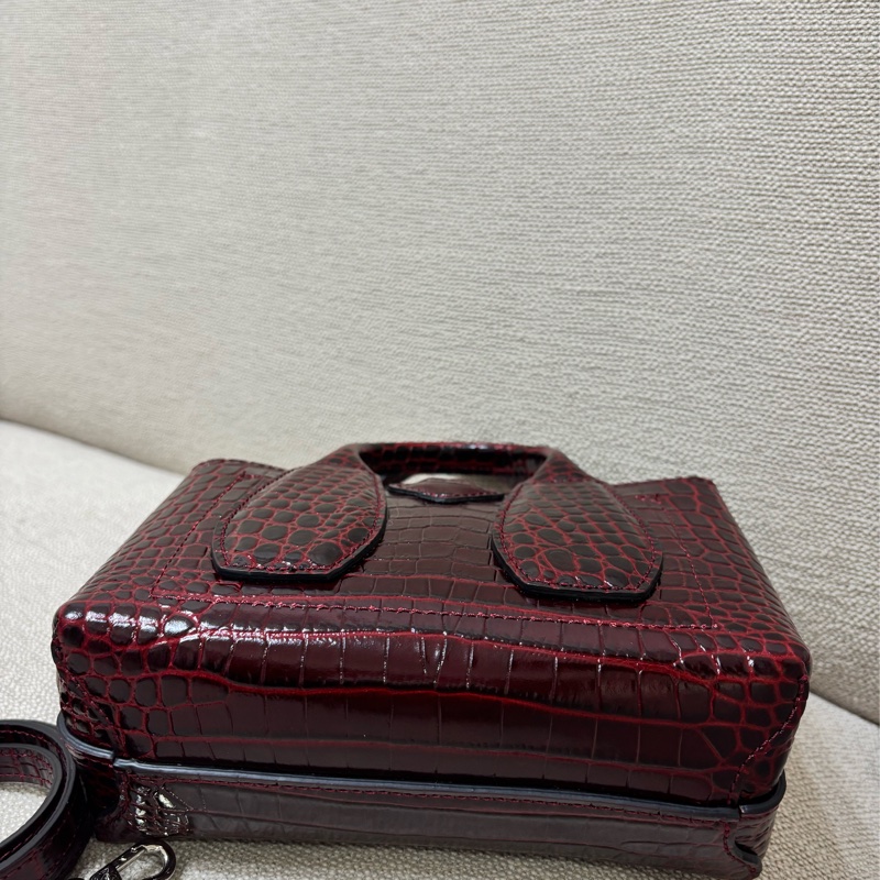 LONGCHAMP ROSEAU系列竹節鱷魚紋小牛皮手提/斜背兩用包 酒紅色-3