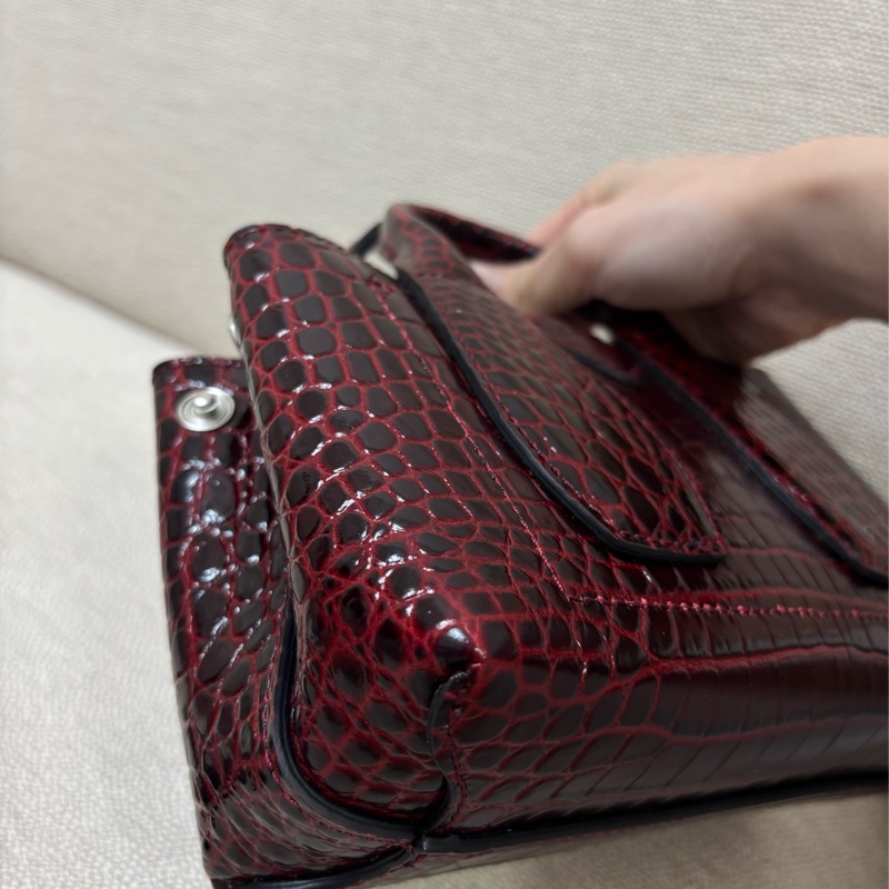 LONGCHAMP ROSEAU系列竹節鱷魚紋小牛皮手提/斜背兩用包 酒紅色-4