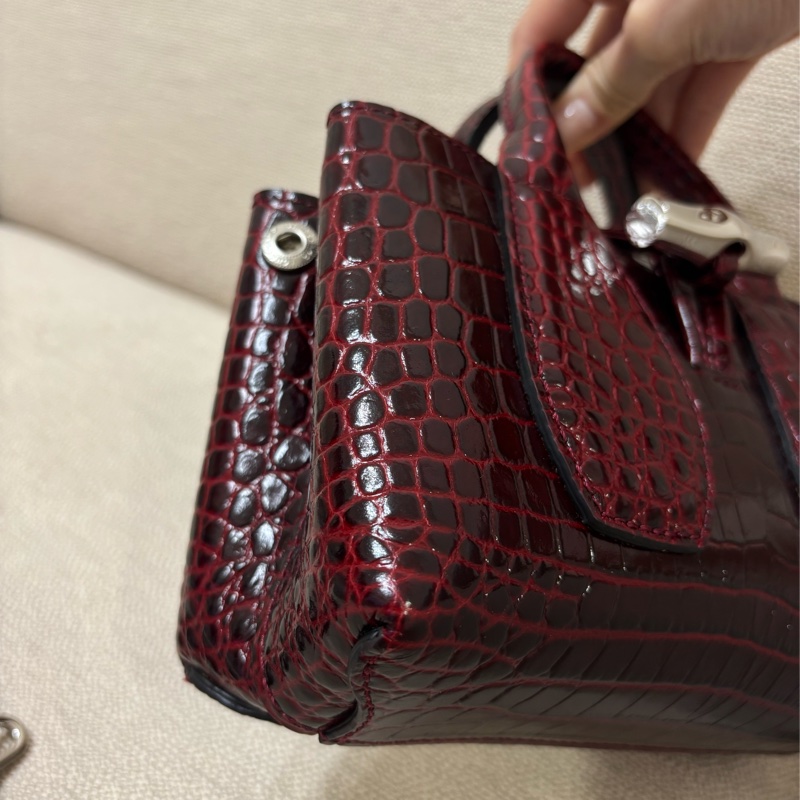 LONGCHAMP ROSEAU系列竹節鱷魚紋小牛皮手提/斜背兩用包 酒紅色-5