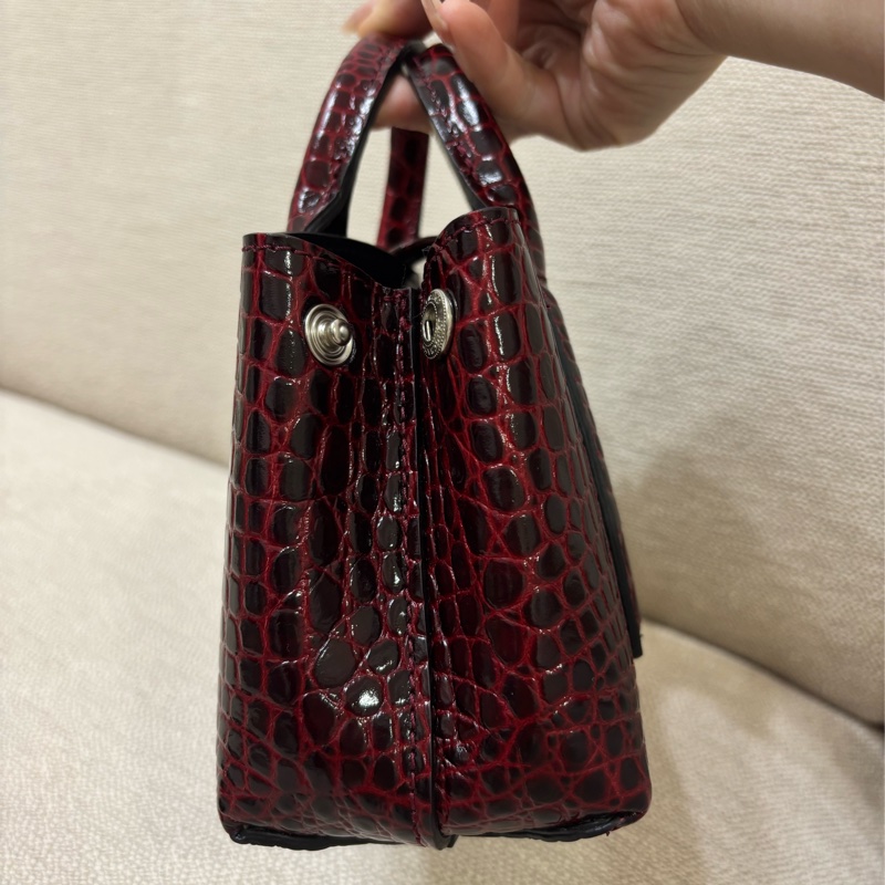 LONGCHAMP ROSEAU系列竹節鱷魚紋小牛皮手提/斜背兩用包 酒紅色-6