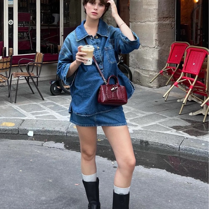 LONGCHAMP ROSEAU系列竹節鱷魚紋小牛皮手提/斜背兩用包 酒紅色-13