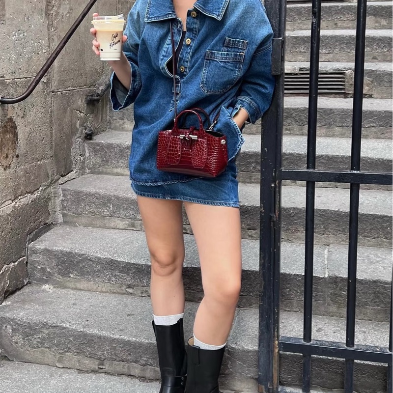 LONGCHAMP ROSEAU系列竹節鱷魚紋小牛皮手提/斜背兩用包 酒紅色-14