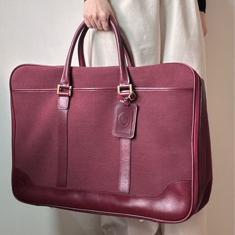 Christian Dior 迪奧帆布皮革手提行李包 行李袋 酒紅色-0