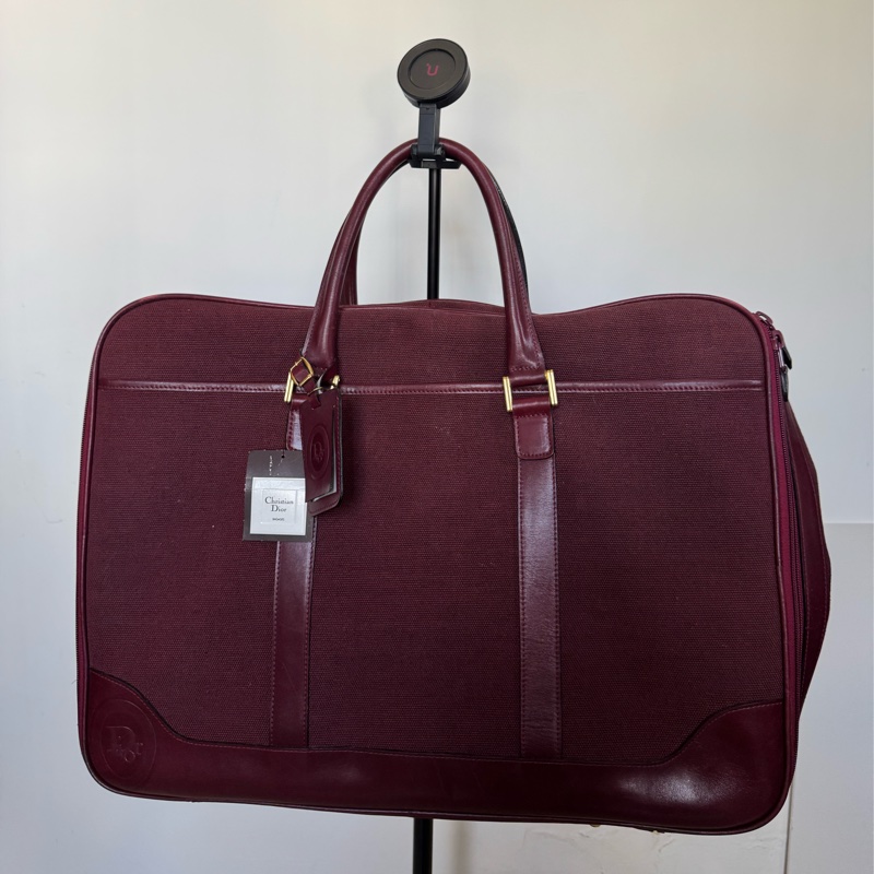 Christian Dior 迪奧帆布皮革手提行李包 行李袋 酒紅色-4