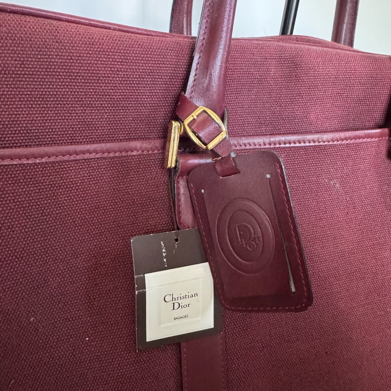 Christian Dior 迪奧帆布皮革手提行李包 行李袋 酒紅色-6