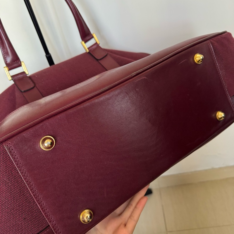 Christian Dior 迪奧帆布皮革手提行李包 行李袋 酒紅色-17