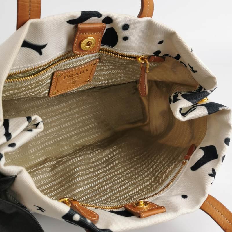 Prada牛皮羊皮帆布拼色印花字母Logo單肩包-6