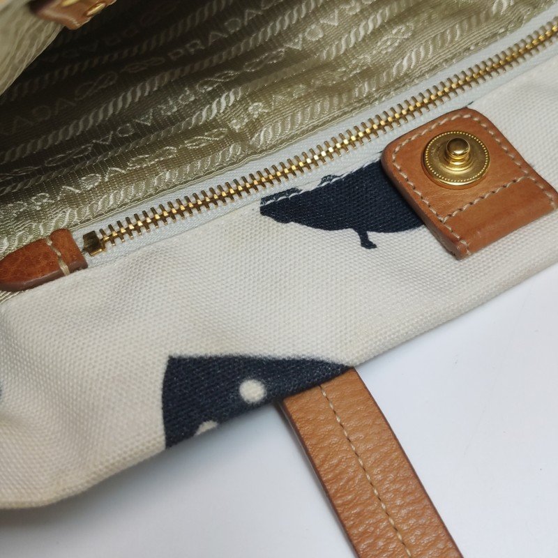 Prada牛皮羊皮帆布拼色印花字母Logo單肩包-8