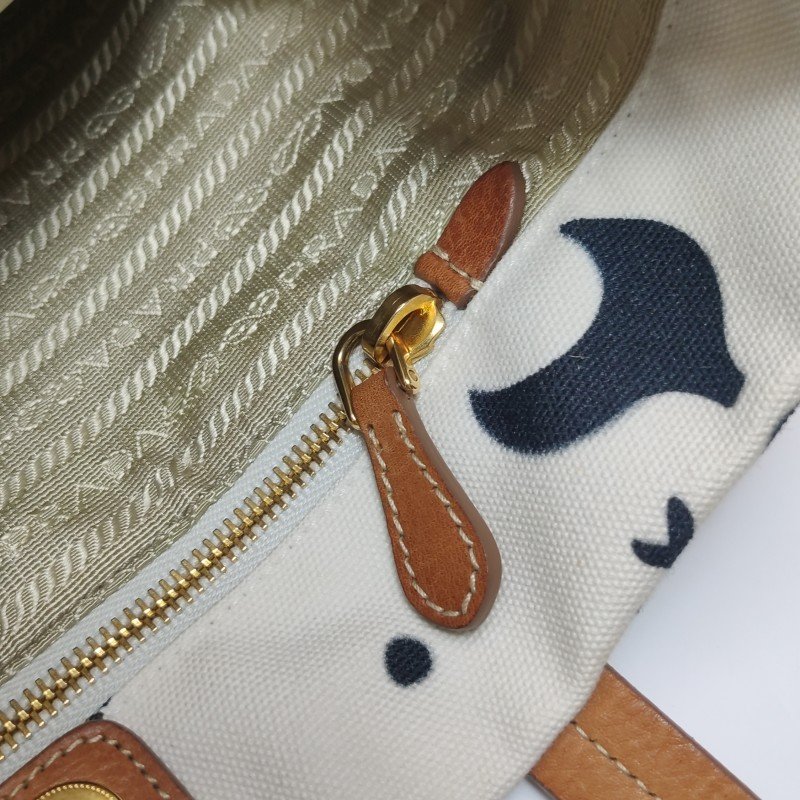 Prada牛皮羊皮帆布拼色印花字母Logo單肩包-13