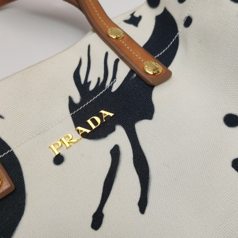 Prada牛皮羊皮帆布拼色印花字母Logo單肩包-16