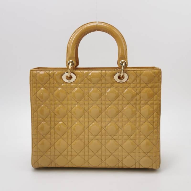 Dior Lady Dior戴妃包大號漆皮藤格紋字母Logo吊飾單肩包-4