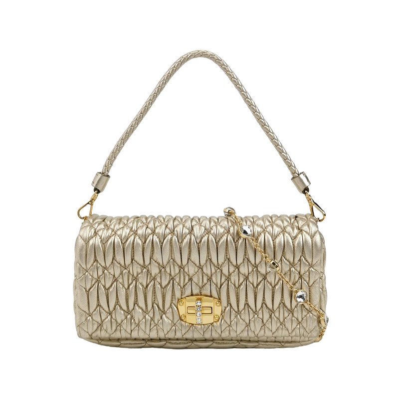 Miu Miu Miu Crystal系列羊皮純色珩縫鑽飾斜挎包單肩包-0