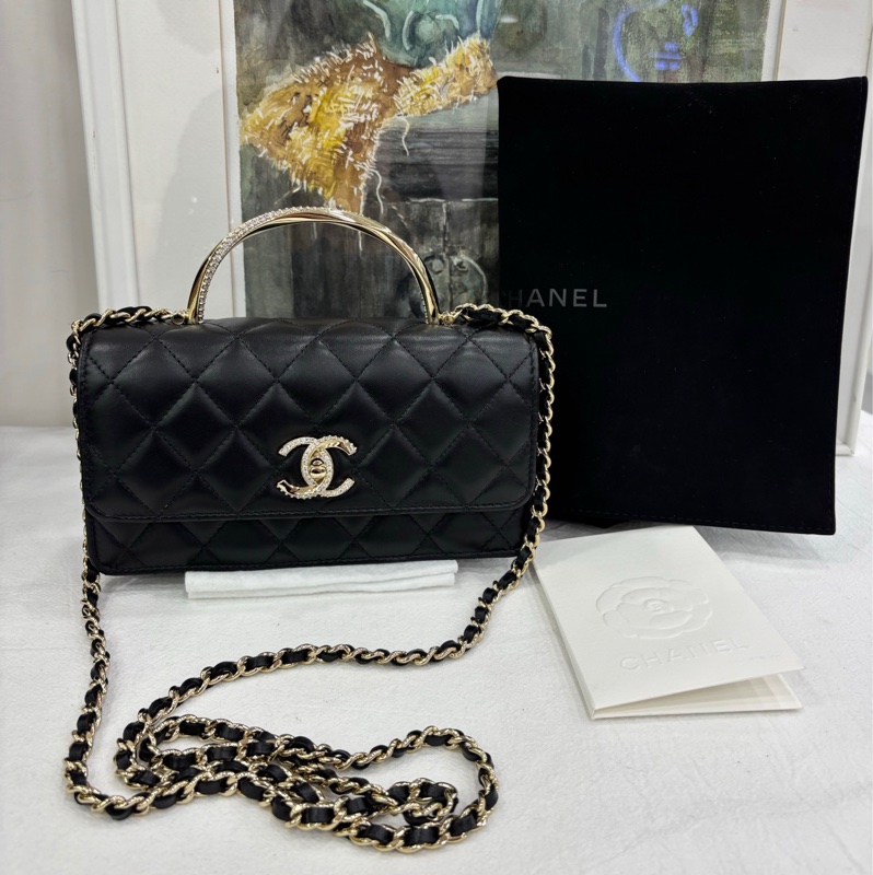 Chanel香奈兒 24K水鑽手柄woc黑金羊皮 有購證-0
