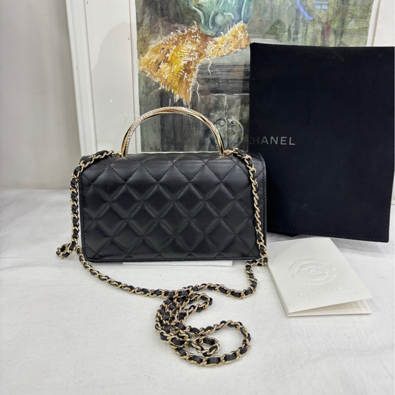 Chanel香奈兒 24K水鑽手柄woc黑金羊皮 有購證-1